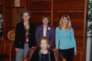 l-r:Terri J. Goldich, Curator; Billie M. Levy, Donor; Kena Sosa, Researcher.  Seated:  Mrs. Eva Greenwood.